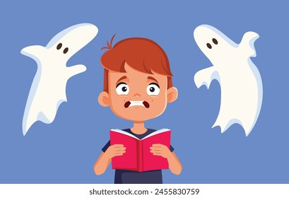 
Niño asustado leyendo una historia de terror Vector ilustración de dibujos animados. Niño que descubre espíritus de un mal libro de cuentos en Halloween 
