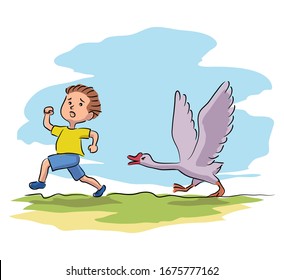 Scared little boy running away from goose on village farmyard. Frightened kid and domesticated bird. Children fear and panic. Helpless situation. Summer vacation at countryside. Vector illustration