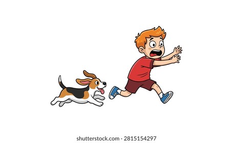 Scared little boy running away from a puppy with frightened, expression