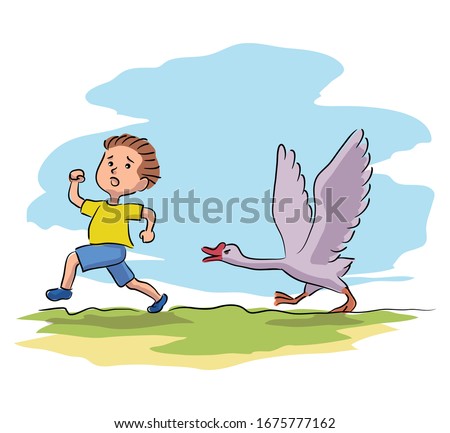 Scared little boy running away from goose on village farmyard. Frightened kid and domesticated bird. Children fear and panic. Helpless situation. Summer vacation at countryside. Vector illustration