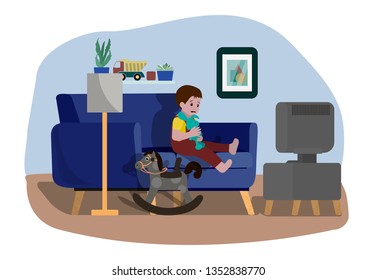 Scared little boy sitting on a couch and watching TV. Frightened lonely kid. No parental guidance concept. Isolated on white background flat style vector illustration.