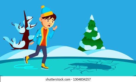 Scared Little Boy Skating On Broken Ice Of The River Vector. Isolated Illustration
