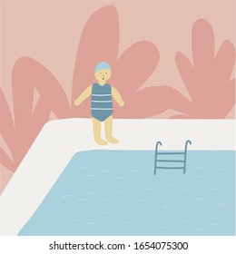 Scared little boy stands near swimming pool. First swimming lesson. Bushes of plants on background. Neutral colors