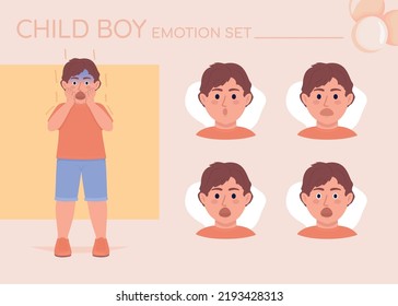 Scared little child semi flat color character emotions set. Editable facial expressions. Fright vector style illustration for motion graphic design and animation. Quicksand font used