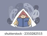 Scared little girl hive under blanket reading scary story. Terrified small child feel afraid with eerie horror book. Leisure and hobby. Vector illustration. 