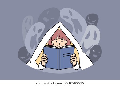 Scared little girl hive under blanket reading scary story. Terrified small child feel afraid with eerie horror book. Leisure and hobby. Vector illustration. 