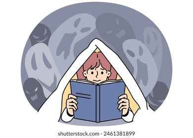 Scared little girl hive under blanket reading scary story. Terrified small child feel afraid with eerie horror book. Leisure and hobby. Vector illustration.