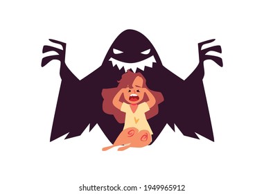 Scared little girl in panic afraid scary monster, kid suffers from bad nightmare