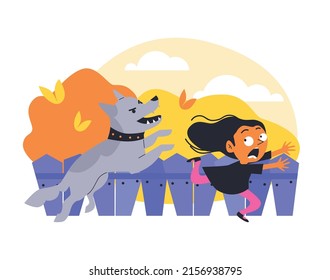 Scared little girl running away from big angry dog flat style, vector illustration isolated on white background. Kid running along the fence, landscape. Child fear concept