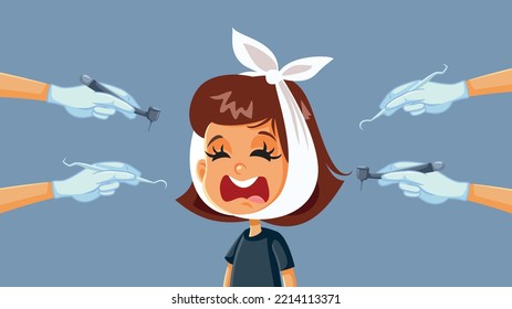 
Scared Little Girl Suffering In The Dental Cabinet Vector Illustration. Upset Child Having A Painful Inflammation In Medical Emergency
