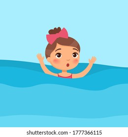 Scared Little Girl Swimming Flat Vector Illustration. Child Sinking, Waving Hands And Calling For Help In Sea. Danger On Water. Kid In Swimsuit Learning To Swim Cartoon Character On Blue Background