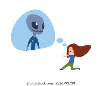 Scared little girl thinking about monster or alien, cartoon flat vector illustration isolated on white background. Children fears and phobias concept. Frightened kid running from monster.