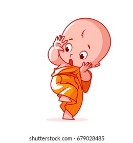 Scared little monk. Cute cartoon character. Vector cartoon illustration on a white background.