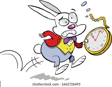scared little white rabbit running with a big clock beaing late for work