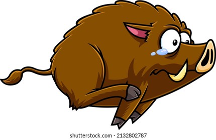 Scared Little Wild Boar Cartoon Character Running. Vector Hand Drawn Illustration Isolated On White Background