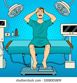 Scared mad patient in operating room pop art retro vector illustration. Color background. Comic book style imitation.