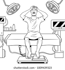 Scared mad patient in operating room coloring vector illustration. Isolated image on white background. Comic book style imitation.