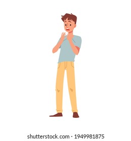 Scared male character with expression panic fear on face afraid something.