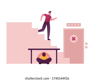 Scared Male Character Running Downstairs for Evacuation from Shaking Building, Man Sitting under Table, People during Earthquake Trying to Survive and Protect their Lives. Cartoon Vector Illustration