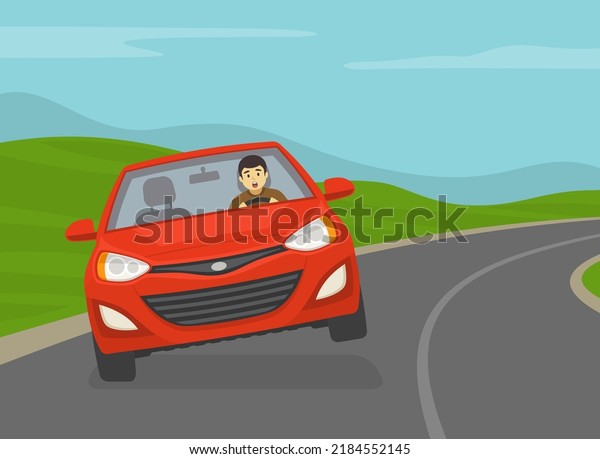 Scared male driver turns on the\
road. Red car is about to roll over on sharp turn. Front view of a\
car on country road. Flat vector illustration\
template.