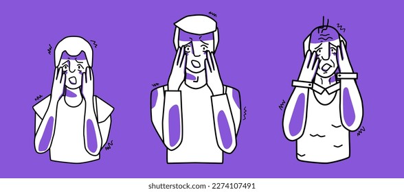 Scared male set. Young, adult and old men are afraid, emotion of fear, cover head with hands. Purple and white color, line art drawing human characters.