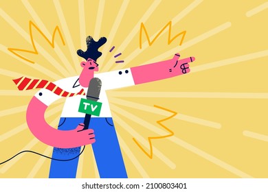Scared male TV reporter with microphone announce about disaster or catastrophe. Frightened man journalist report about crime or accident. Television news. Vector illustration. 