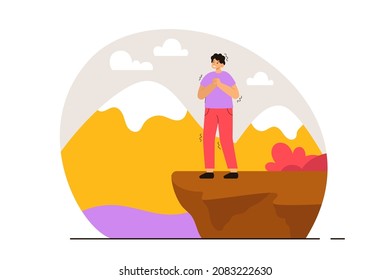 Scared man with acrophobia standing at the edge of a mountain. Phobia, psychological problem, anxiety and mental health concept. Modern flat vector illustration