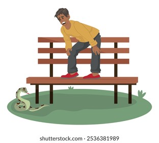 Hombre asustado con miedo a una serpiente y se sube a un banco para protegerse. Ilustración vectorial.