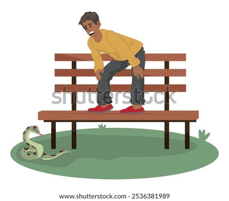 Scared man afraid of a snake and climbs onto a bench to protect himself. vector illustration.