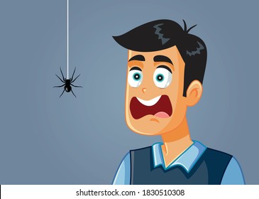 Hombre asustado de tener miedo de una caricatura del vector de araña. Adultos machos que sufren de aracnofobia que tienen un ataque de pánico
