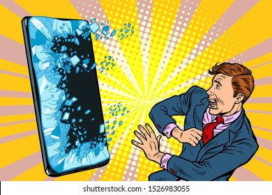 scared man businessman and smartphone Internet online. Pop art retro vector illustration drawing vintage kitsch