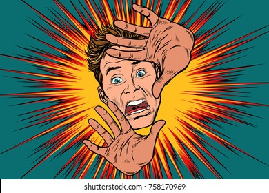 Scared man covered with hands. Pop art retro vector illustration