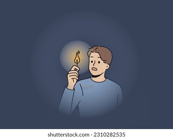 Scared man in darkness with lit match. Terrified guy with light walking in dark. Electricity lack. Vector illustration. 