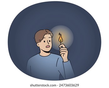 Scared man in darkness with lit match. Terrified guy with light walking in dark. Electricity lack. Vector illustration.