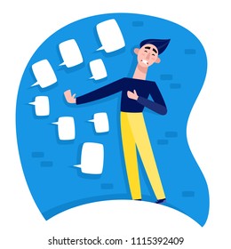 Scared man with extended arm in blue and yellow clothes and bubbles. Vector colorful illustration of overworked sad male character holding hand ahead him and have stress.