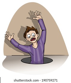 Scared man falling trough a hole in a floor, concept, vector illustration