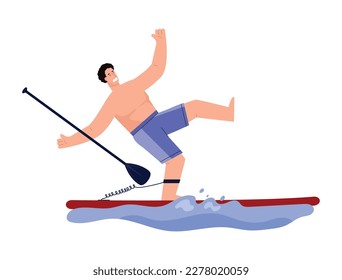 Scared man falls off paddle board, flat vector illustration isolated on white background. Character learning to paddle on board. Concept of water sport and sup boarding.