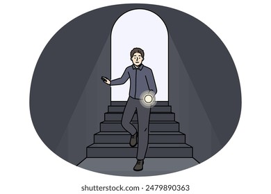 Scared man with flashlight walking in dark tunnel. Frustrated male with light in hands enter black room. Darkness and fear. Vector illustration.