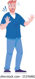 Scared man flat vector illustration. Stressed emotions. Person with shocked facial expression and frightened gesture with his palms isolated cartoon character with outline elements on white background