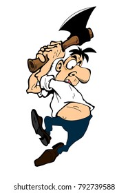 Scared man with giant axe behind his head, isolated over white