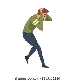 Hombre asustado sosteniendo la cabeza con las manos, aterrorizado, impactado personaje de Caricatura Estilo Vector Ilustración