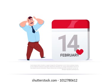 Scared Man Looking At 14 february Date On Calendar Valentines Day Holiday Concept Flat Vector Illustration