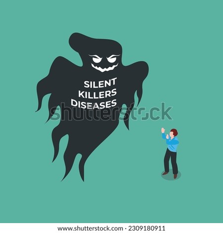 Scared man looking at a text of silent killers diseases on the ghost isometric 3d vector illustration concept for banner, website, illustration, landing page, flyer, etc.