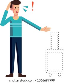 Scared man lost suitcase vector isolated. Check-in luggage delayed or stolen. Troubles during vacation. Airport assistance in baggage search. Flat cartoon illustration.