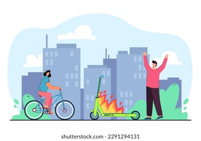 Scared man next to burning electric scooter vector illustration. Cartoon drawing of vehicle on fire due to poor quality of batteries, girl on electrical bicycle. Technology, danger, mobility concept