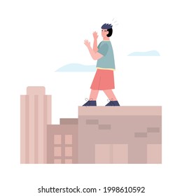 Scared man panicking on roof of tall building, cartoon vector illustration isolated on white background. Frightened man with fear or phobia of heights.