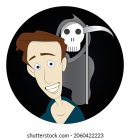 Scared man with reaper in the background round sticker label
