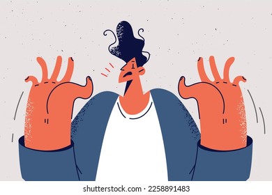 El hombre asustado levanta la mano y se siente aterrorizado o sorprendido. El hombre emocional hace gestos de mano lucha contra el miedo o el shock. Ilustración vectorial. 