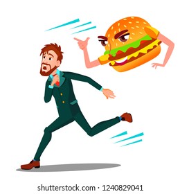 Hombre Asustado Huyendo Del Vector De Hamburgo. Ilustración de dibujos animados aislados
