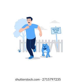 Hombre asustado que huye de perros enojados persigue para morder cuidado con el fondo del Iniciar sesión del perro